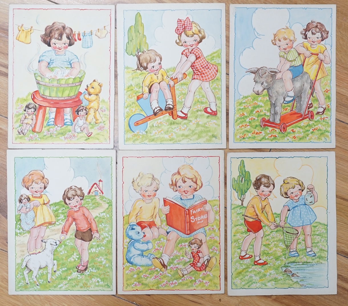 Freda Rose (20th. C), set of six original watercolours for children's postcard designs, Humorous children, each signed with initials, four with 21st May 1946 date stamps verso, 18.5 x 14cm, unframed. Condition - fair to